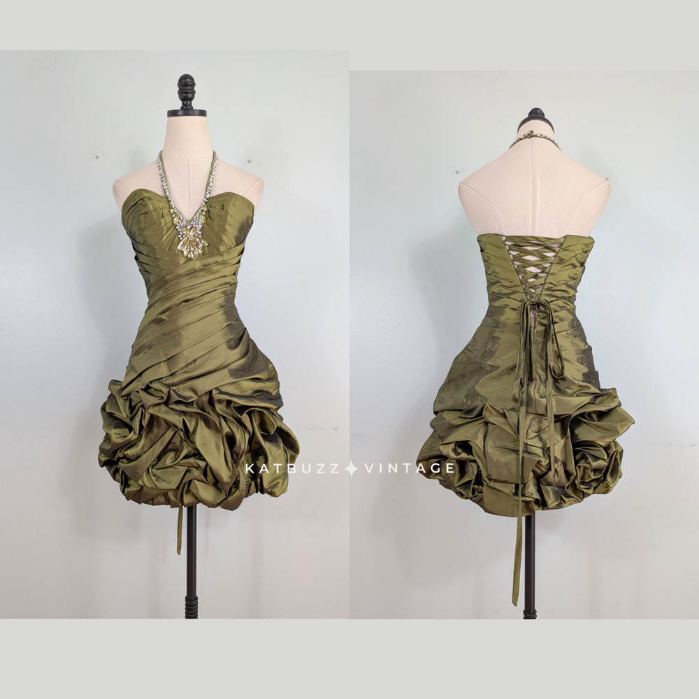 Y2K Prom Dress Mini Gown S Olive Green Corset Princess Bubble Hoco Rhinestone